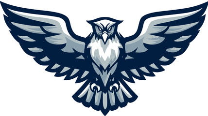 Obraz premium Powerful stylized eagle or hawk mascot illustration with spread wings, flying raptor bird emblem design in blue and grey tones