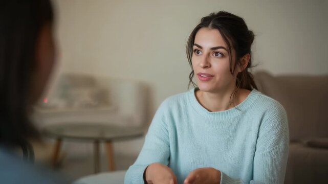 Explaining woman wearing blue sweater clarifying point, gesturing as conversation starting on sofa