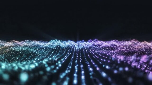 Vibrant Digital Waveform with Neon Lights and Particles.