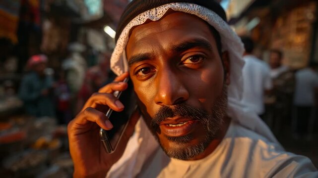 Camera moving closer, Middle Eastern man wearing thobe and agal holding phone, speaking in market