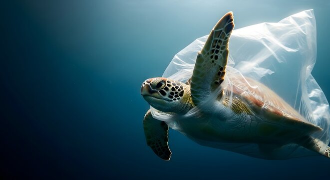 Sea turtle entangled in plastic ocean pollution