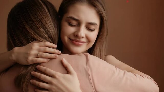 Hugging woman facing camera seeking comfort in studio warm brown backdrop, muted pink tops, ring