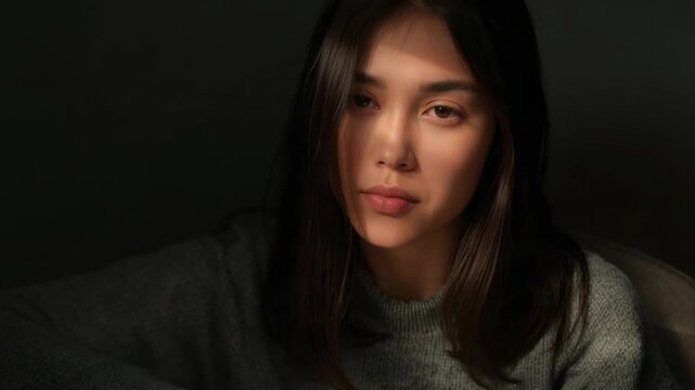 Reading woman holding open hardback book in armchair, in gray knit sweater, warm light drawing gaze