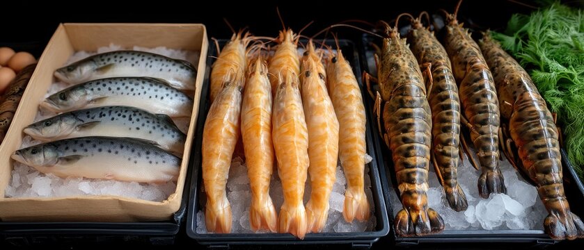 Fresh fish and seafood displayed on ice at a market counter with various types of shrimp and fish captured by a professional photographer in a busy setting