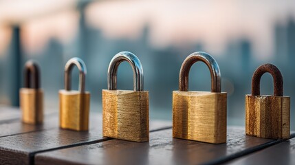Fototapeta premium Four padlocks placed on a wooden surface with a city skyline in the background during sunset hours