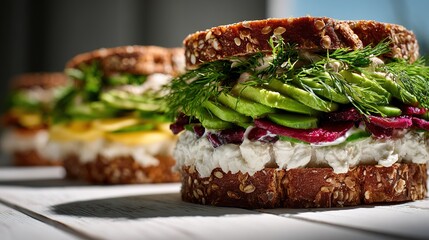 Fresh sandwich stacked with layers of vegetables on a wooden table in a bright setting