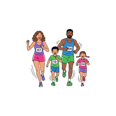 Diverse family of four running together in a marathon or race.