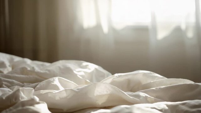 Displaying rumpled white duvet catching shifting sunlight through sheer curtains at bedroom window