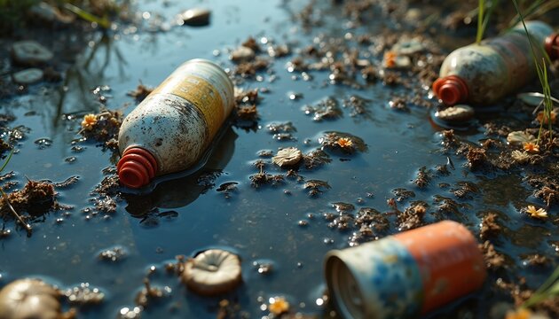 Dirty water with plastic bottles and cans floats in a puddle. Muddy ground surrounds stagnant water. Small yellow flowers grow near debris. Nature is spoiled by rubbish.