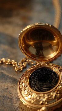 Ornate gold locket with swirling dark interior and chain
