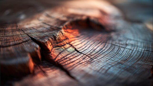 Sunlight shines on a piece of wood showing natural patterns and textures during the late afternoon hours in a forest environment