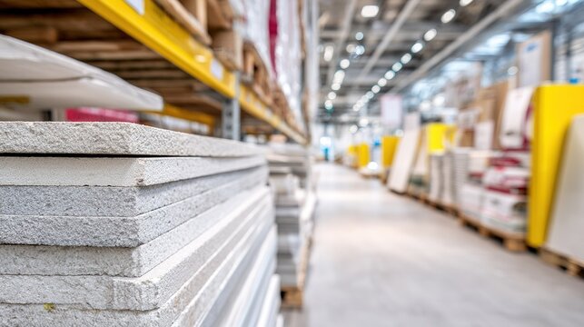 Stacks of building materials are organized in a large warehouse during business hours for construction projects