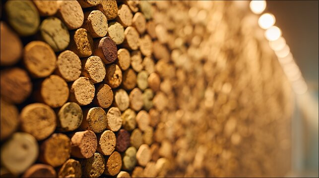 Cork wall display shows a collection of various wine corks in a dimly lit space during evening hours