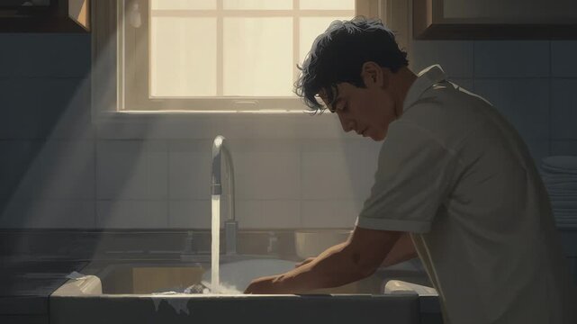 Leaning male in polo placing hands under running faucet at sink, creating foam, copy space