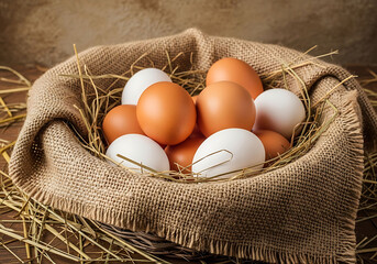 Brown and white eggs in a burlap sack on hay