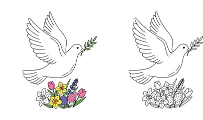 Flying peace dove with olive branch, Easter eggs and spring flowers vector illustration set. Colored and black and white outline style for coloring book, religious holiday or greeting card design.