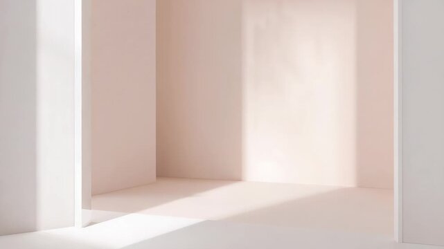 Shifting sunlight entering vertical opening, casting diagonal patch across pale peach alcove floor