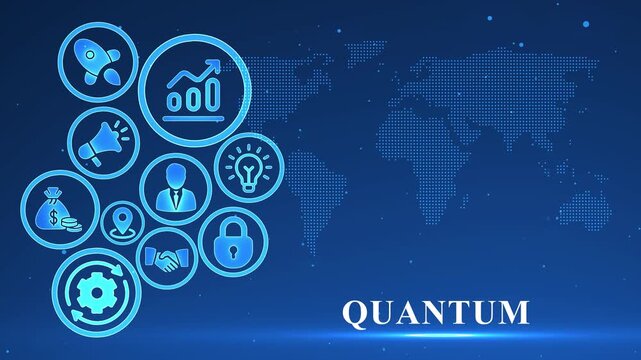 Global Quantum Concepts Illustrated with Neon Blue Icons on a Dotted World Map Background physics science