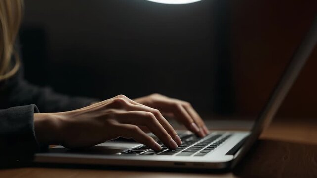 Resting hands starting typing at desk, fingers moving rhythmically on laptop in dark long sleeves