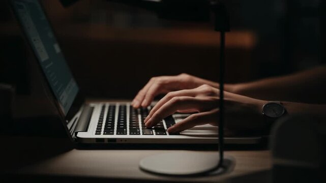 Fingers poised, adult with dark sleeves typing on laptop, working at desk with lamp and wristwatch