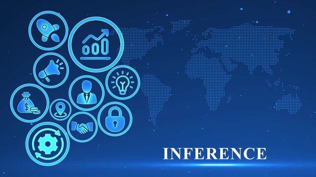 Global Inference Concepts Illustrated with Neon Blue Icons on a Dotted World Map Background logic reasoning