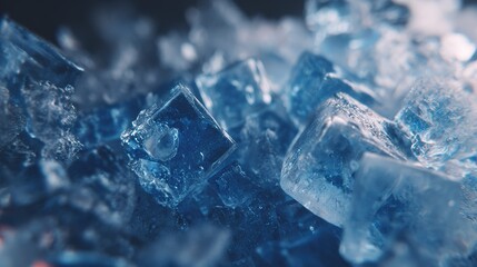 Obraz premium Close-up view of blue ice cubes stacked together on a table during a summer afternoon