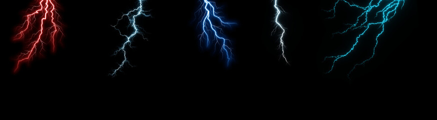 PNG image of&nbsp;Collection of dramatic, multicolored lightning strikes illuminating a stark, black stormy night sky