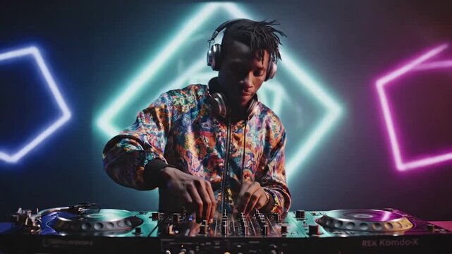 DJ spinning tracks on professional DJ controller with neon lights.