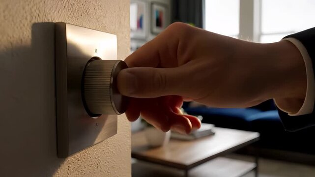 A person's hand adjusts a modern smart home thermostat or dimmer switch on a textured wall, highlighting energy control.