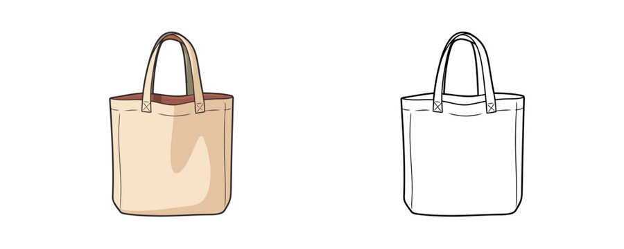 Canvas tote bag mockup in cartoon and line art style beige and white colors eco friendly reusable shopper for groceries or fashion accessories isolated on white background