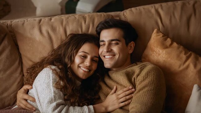 Camera starting couple in knit sweaters cuddling on beige sofa, wrapped in blanket for comfort