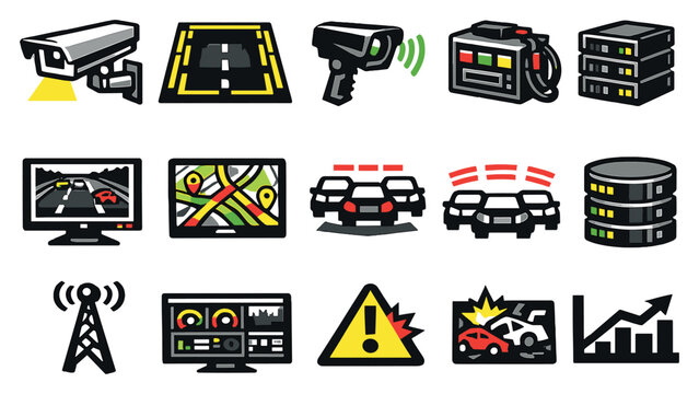 Traffic monitoring and detection systems vector icons in bold style: CCTV traffic camera, vehicle loop detector, radar speed sensor, traffic counter box. Vector icons