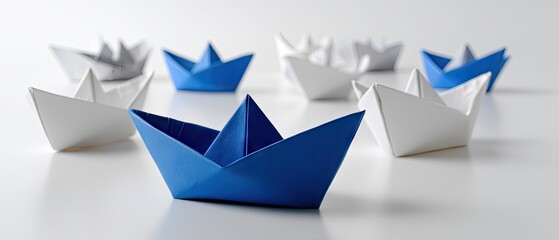 Fototapeta premium Bright blue paper boat leads white boats on a simple background showing leadership and diversity in business