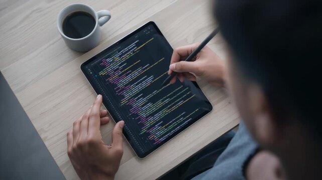 Holding stylus, man in gray sweater annotating code on tablet at desk, white mug, copy space