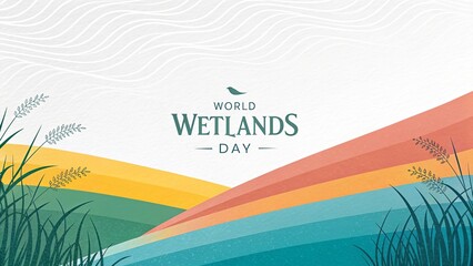 Naklejka premium Vibrant palm leaves and water highlight minimal wetlands conservation banner.