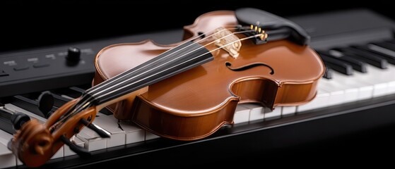 Violin and fiddle bow on electronic piano keyboard with black background and soft focus, ideal for music themes and design projects