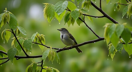 Obraz premium Bird on a branch desktop background with lush greenery