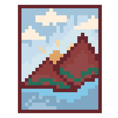 Fototapeta premium Retro pixel art mountain landscape with sun clouds and blue water scene