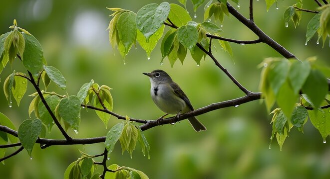 Bird on a branch desktop background with lush greenery