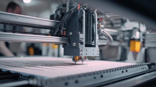 Close-up of a computer-controlled machine cutting a piece of wood in a manufacturing workshop