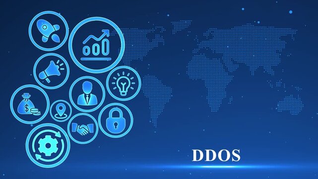 D Do S Cyber Attack Concept with World Map and Icons on a Blue Digital Background ddos cybersecurity