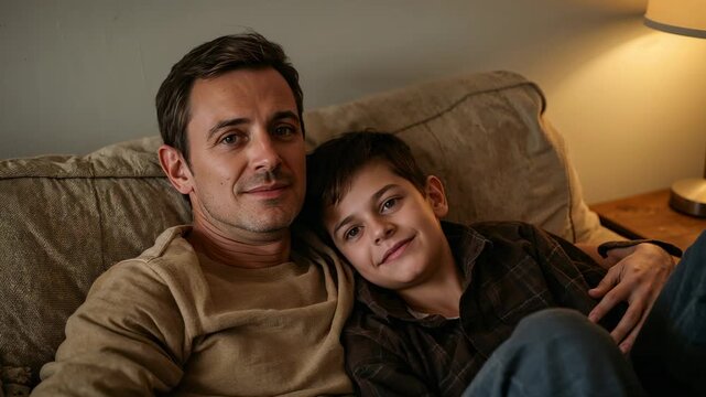 Cuddling father in beige sweater, holding son closely, son waking smiling on lamp-lit couch at home