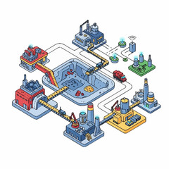 Obraz premium Isometric illustration of a complex industrial recycling and manufacturing process.