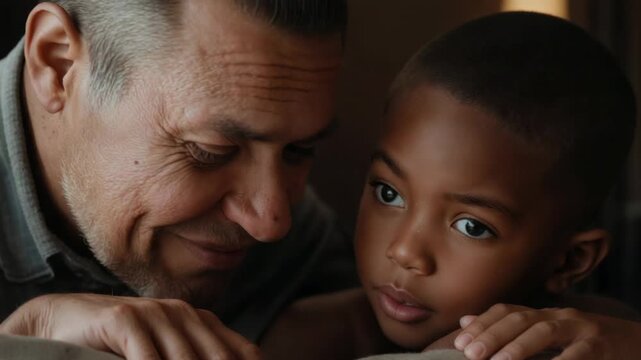 Leaning senior man in light shirt whispering comfort to bare-shouldered child on sofa back