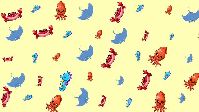 Cute sea creatures like squid, crabs, stingrays, seahorses, and small fish in an underwater habitat. Ideal for childrens books or educational materials.