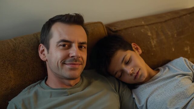 Resting boy leading father smiling keeping still on brown sofa with casual tees avoiding waking son