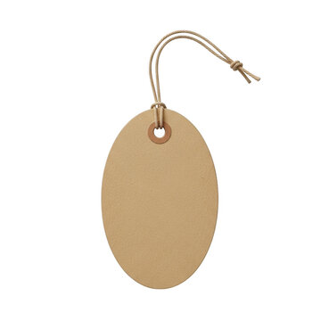 Brown oval shaped tag with string attached to it isolated on transparent background