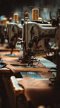 Rows of vintage sewing machines stitch leather with weathered precision