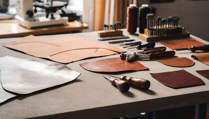 Leather Craft Workshop Table with Tools and Natural Materials
