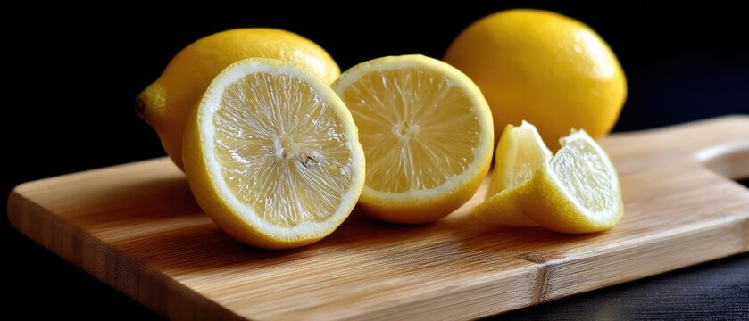 Lemon cut in half and sliced lemons placed on a wooden board with a black background, served as fresh fruit
